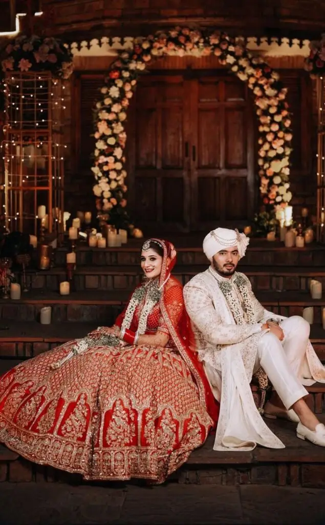 Romantic wedding couple portrait in golden hour natural light